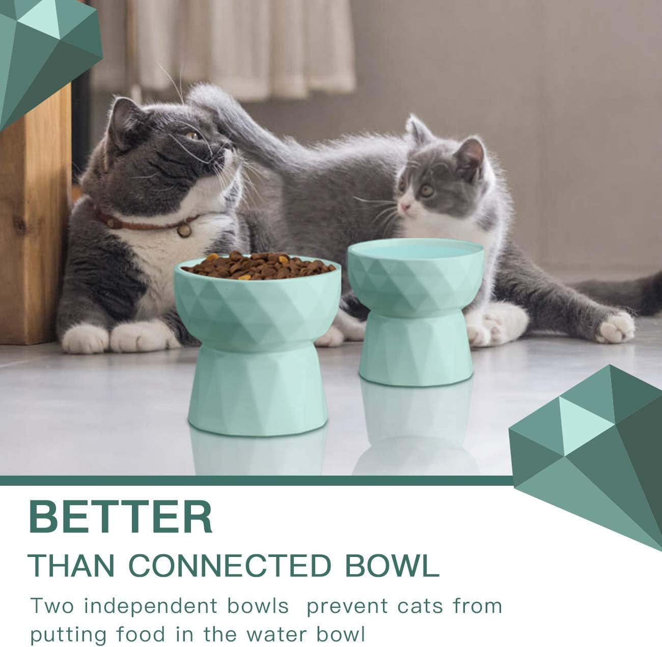 Ceramic Anti-Vomiting Cat Bowls - Raised Food and Water Bowl Set for Cats and Small Dogs, 13.5 Oz, Green