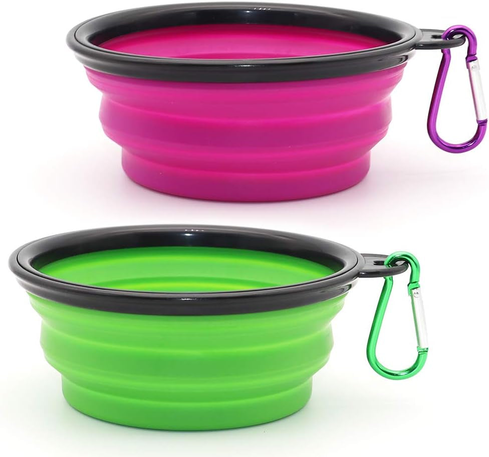 Collapsible Dog Bowls - 2 Pack Portable Pet Feeding and Watering Dishes for Dogs and Cats, Includes 2 Carabiners (Small, Green and Purple)