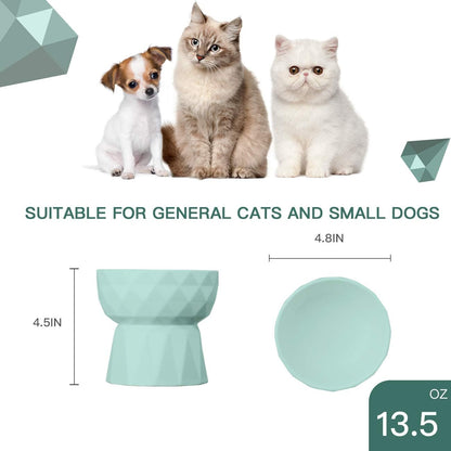 Ceramic Anti-Vomiting Cat Bowls - Raised Food and Water Bowl Set for Cats and Small Dogs, 13.5 Oz, Green