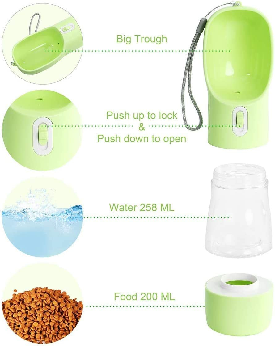 Portable Dog Water Bottle - Leak-Proof Dispenser with Integrated Bowl and Food Container, Dishwasher Safe Food-Grade Plastic for Outdoor Activities with Pets