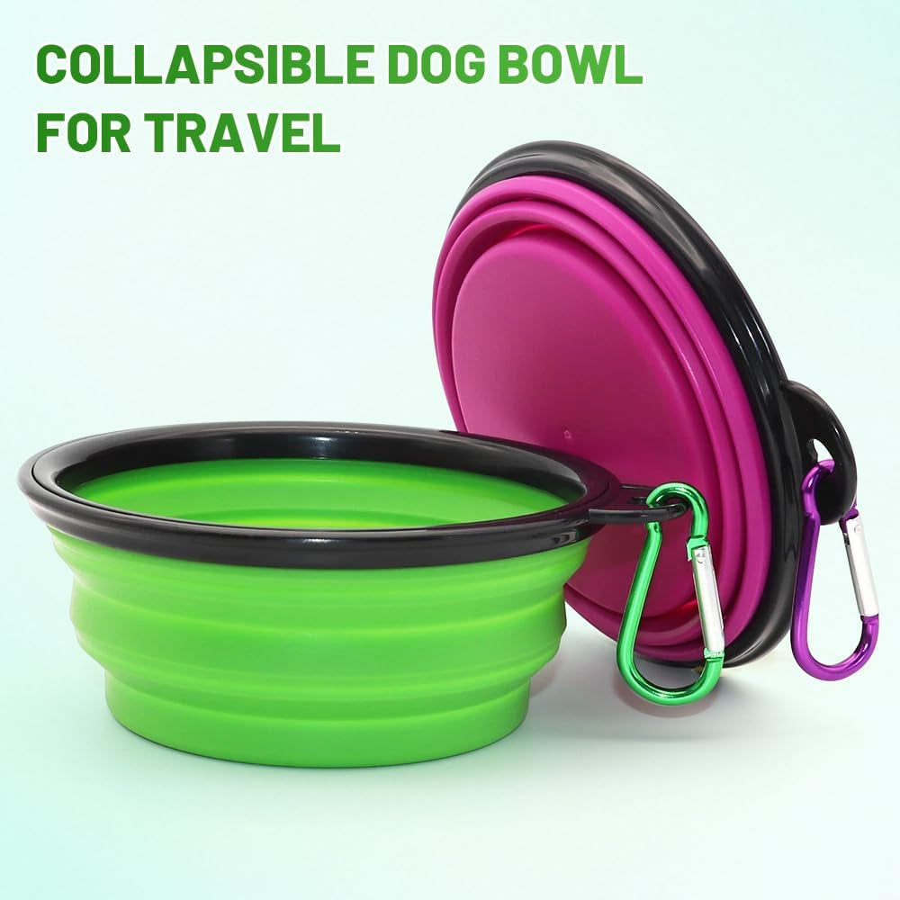 Collapsible Dog Bowls - 2 Pack Portable Pet Feeding and Watering Dishes for Dogs and Cats, Includes 2 Carabiners (Small, Green and Purple)