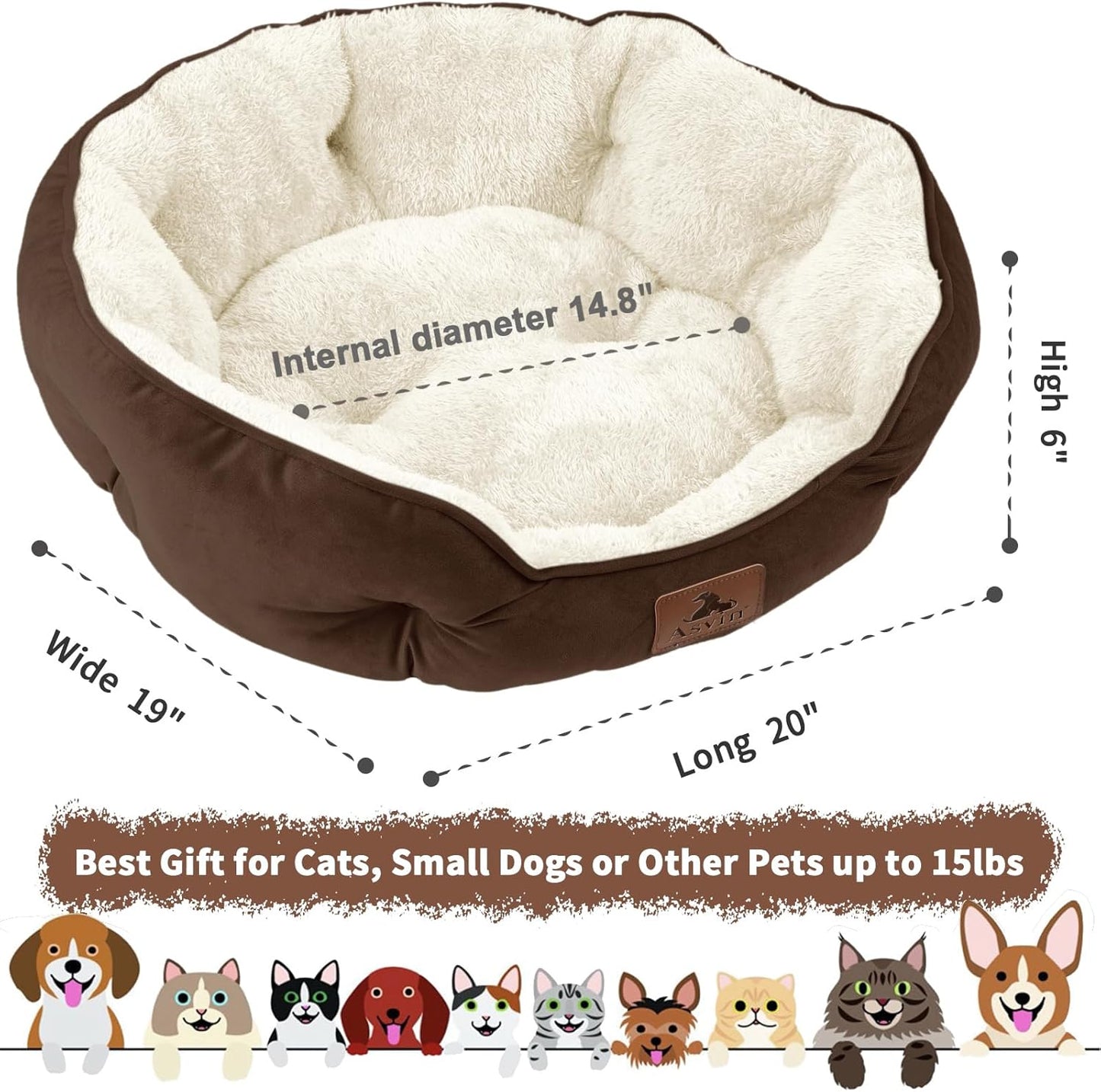 Premium 20-Inch Pet Bed for Small Dogs and Cats, Extra Soft and Machine Washable with Anti-Slip and Water-Resistant Oxford Base, Brown