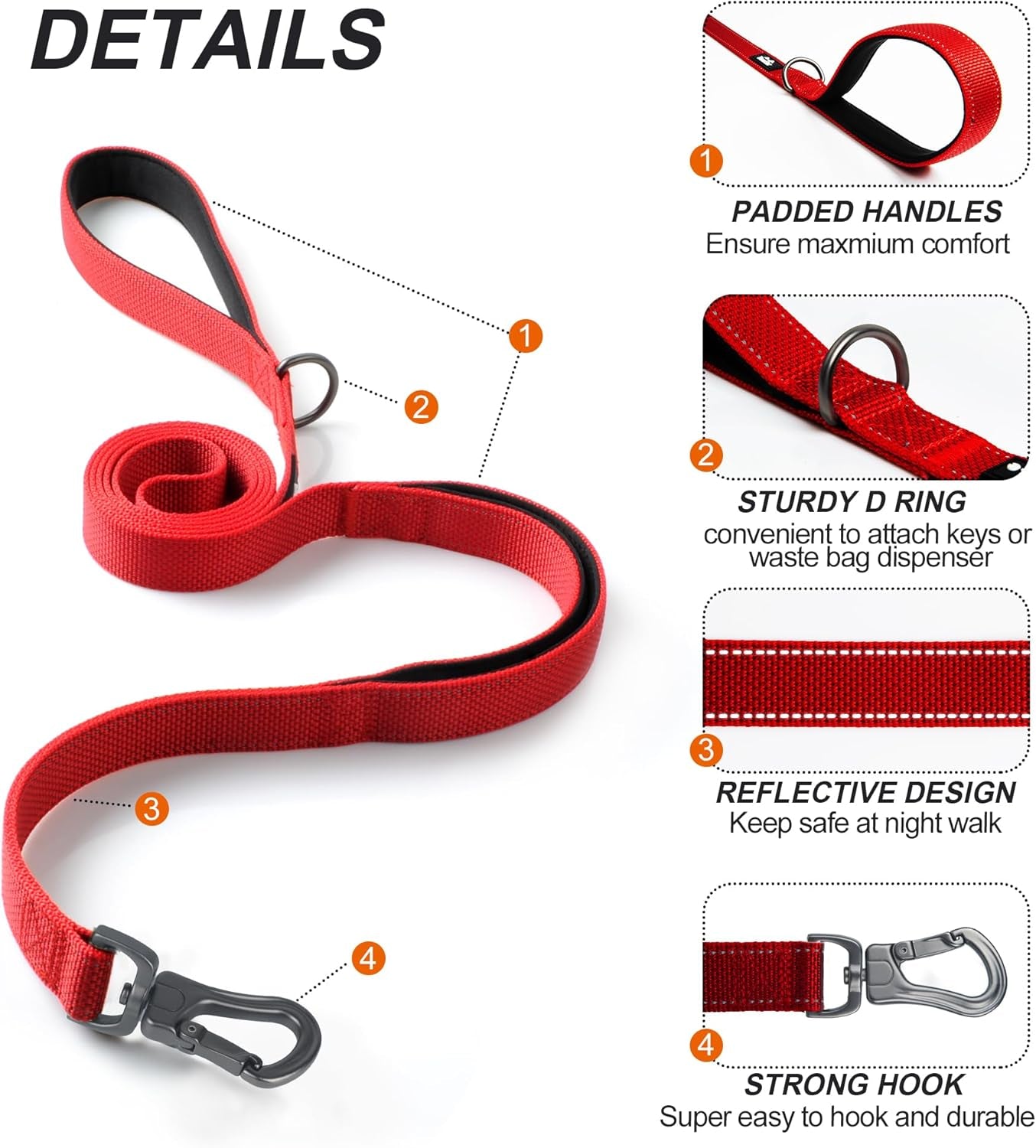 4FT 1IN Durable Red Dog Leash with Dual Padded Handles, Traffic Control Feature, Comfortable Grip, Auto Lock Hook, and Reflective Design for Small to Large Dogs