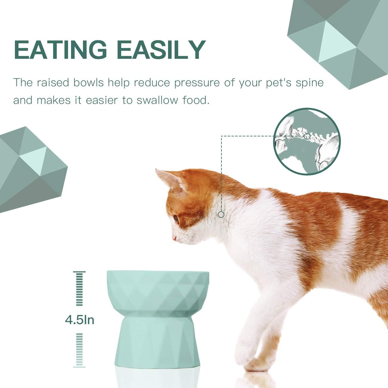 Ceramic Anti-Vomiting Cat Bowls - Raised Food and Water Bowl Set for Cats and Small Dogs, 13.5 Oz, Green