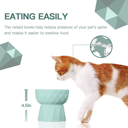 Ceramic Anti-Vomiting Cat Bowls - Raised Food and Water Bowl Set for Cats and Small Dogs, 13.5 Oz, Green