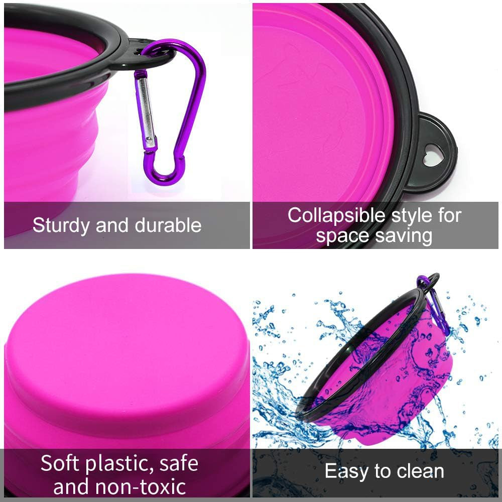 Collapsible Dog Bowls - 2 Pack Portable Pet Feeding and Watering Dishes for Dogs and Cats, Includes 2 Carabiners (Small, Green and Purple)