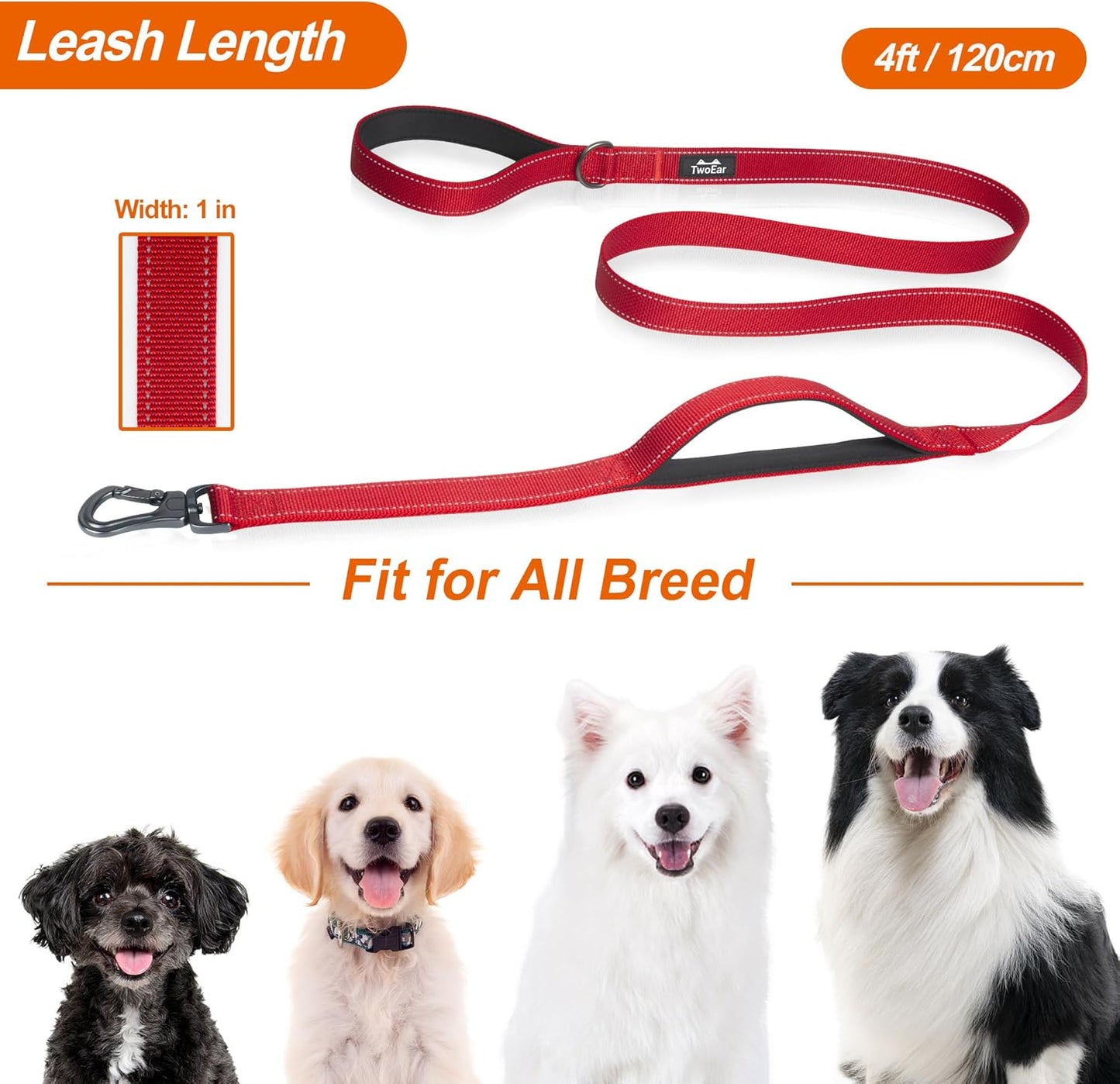 4FT 1IN Durable Red Dog Leash with Dual Padded Handles, Traffic Control Feature, Comfortable Grip, Auto Lock Hook, and Reflective Design for Small to Large Dogs