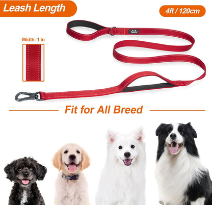 4FT 1IN Durable Red Dog Leash with Dual Padded Handles, Traffic Control Feature, Comfortable Grip, Auto Lock Hook, and Reflective Design for Small to Large Dogs