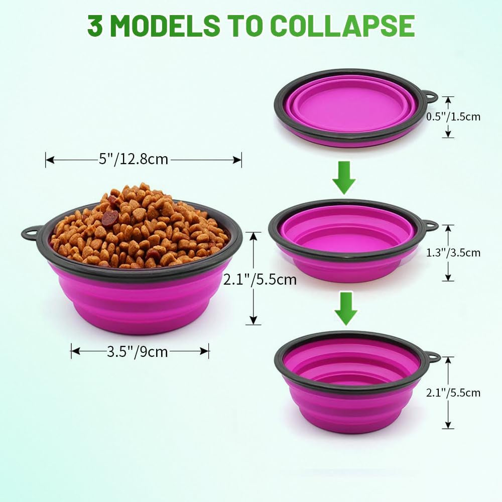 Collapsible Dog Bowls - 2 Pack Portable Pet Feeding and Watering Dishes for Dogs and Cats, Includes 2 Carabiners (Small, Green and Purple)