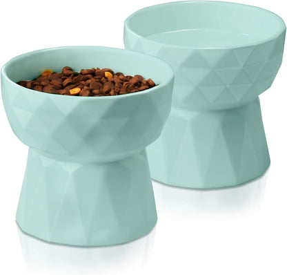 Ceramic Anti-Vomiting Cat Bowls - Raised Food and Water Bowl Set for Cats and Small Dogs, 13.5 Oz, Green