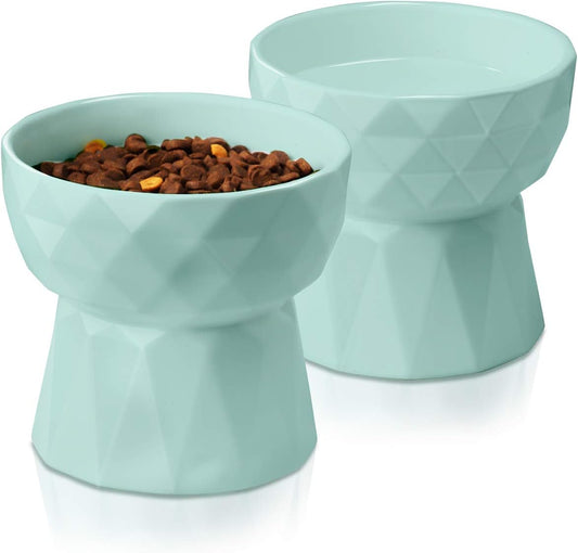 Ceramic Anti-Vomiting Cat Bowls - Raised Food and Water Bowl Set for Cats and Small Dogs, 13.5 Oz, Green