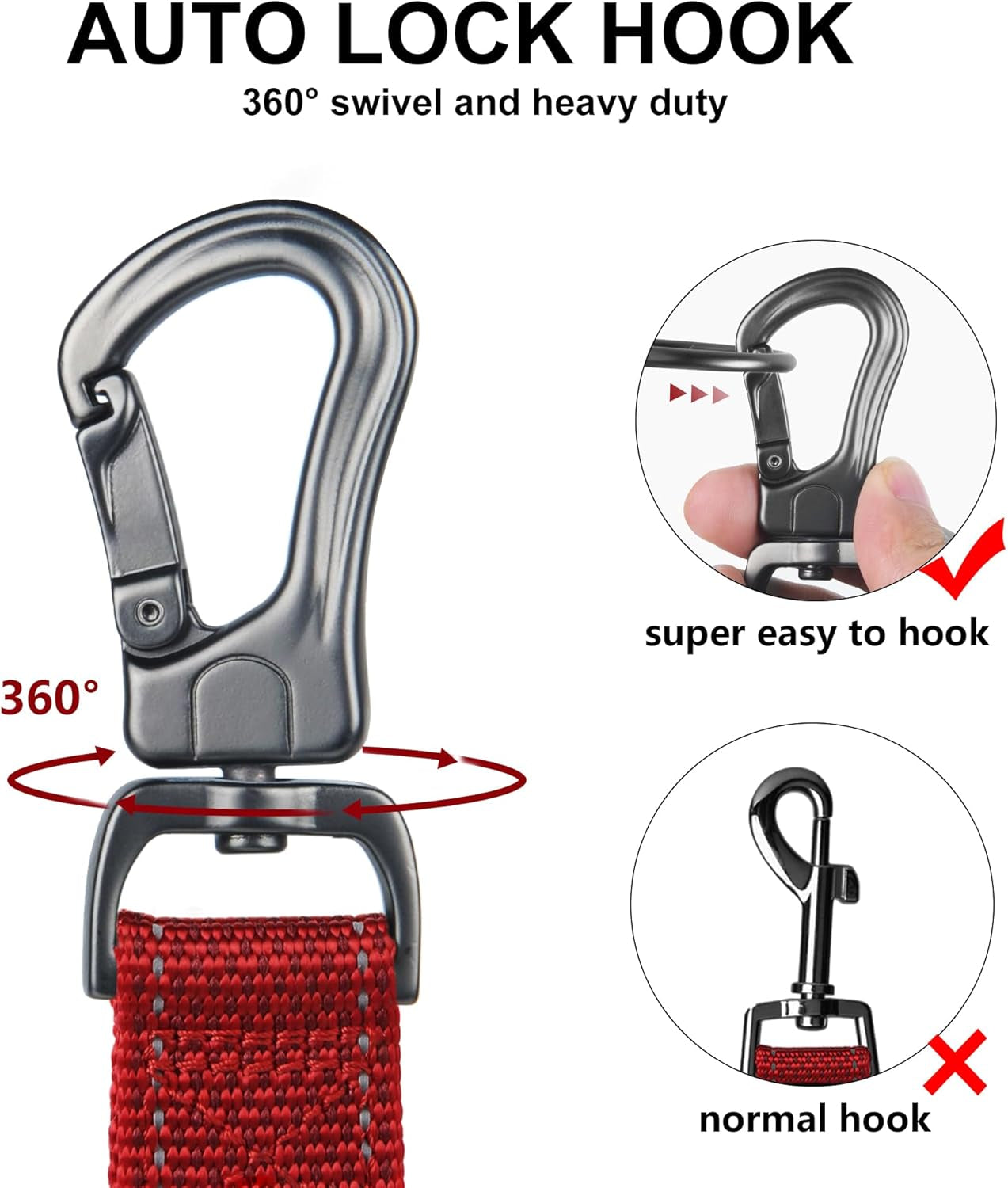 4FT 1IN Durable Red Dog Leash with Dual Padded Handles, Traffic Control Feature, Comfortable Grip, Auto Lock Hook, and Reflective Design for Small to Large Dogs