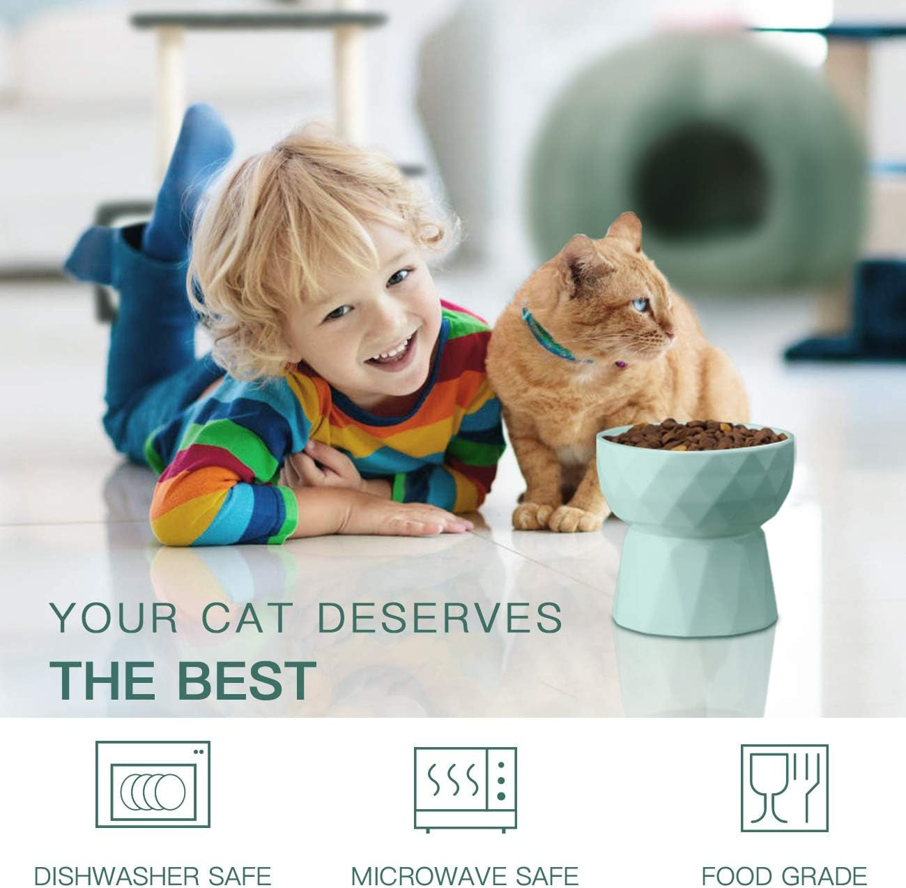Ceramic Anti-Vomiting Cat Bowls - Raised Food and Water Bowl Set for Cats and Small Dogs, 13.5 Oz, Green