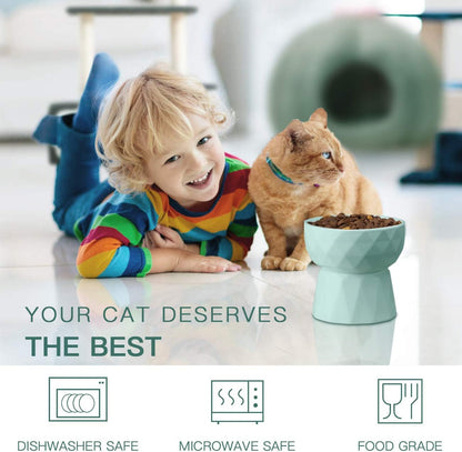 Ceramic Anti-Vomiting Cat Bowls - Raised Food and Water Bowl Set for Cats and Small Dogs, 13.5 Oz, Green